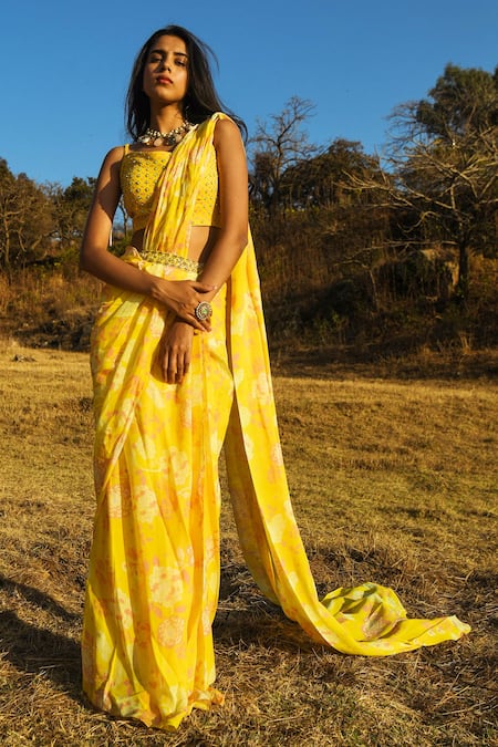 Paulmi and Harsh Yellow Crepe Sweetheart Neck Printed Pre-draped Saree Set 