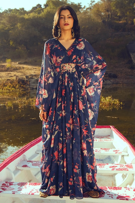 Paulmi And Harsh Blue Georgette V Neck Printed Kaftan 