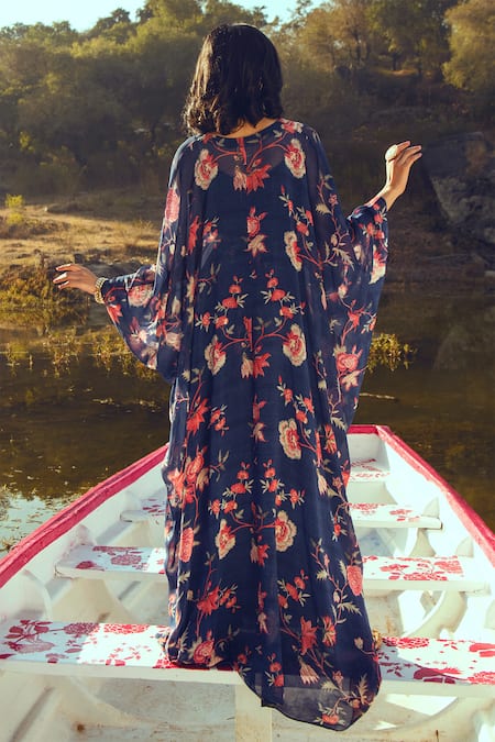 Shop_Paulmi And Harsh_Blue Georgette V Neck Printed Kaftan _at_Aza_Fashions