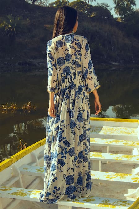 Shop Paulmi And Harsh Blue Georgette Square Neck Printed Jacket And Palazzo Set at Aza Fashions Shop_Paulmi And Harsh_Blue Georgette Square Neck Printed Jacket And Palazzo Set _at_Aza_Fashions