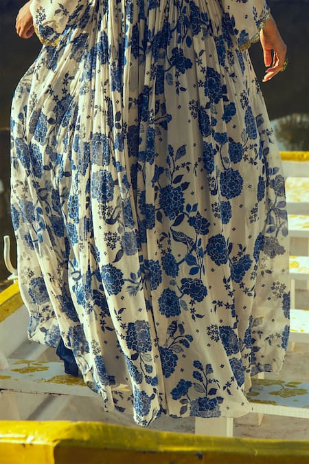 Shop Paulmi And Harsh Blue Georgette Square Neck Printed Jacket And Palazzo Set Online at Aza Fashions Shop_Paulmi And Harsh_Blue Georgette Square Neck Printed Jacket And Palazzo Set _Online_at_Aza_Fashions