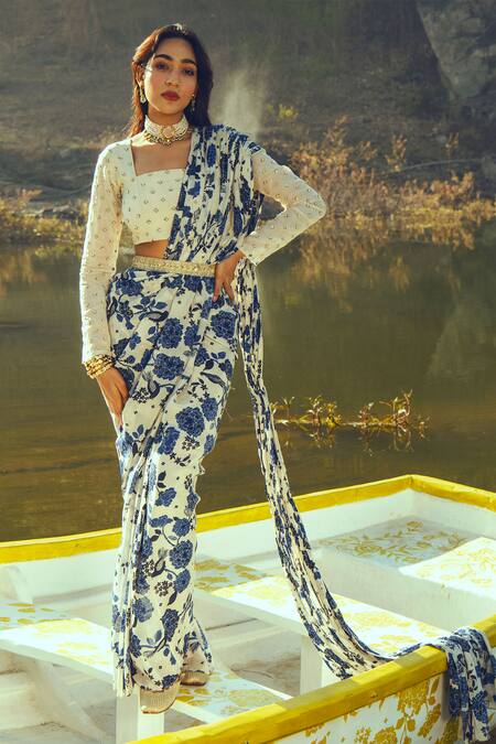 Buy_Paulmi And Harsh_Blue Crepe Square Neck Printed Pre-draped Saree Set _Online_at_Aza_Fashions