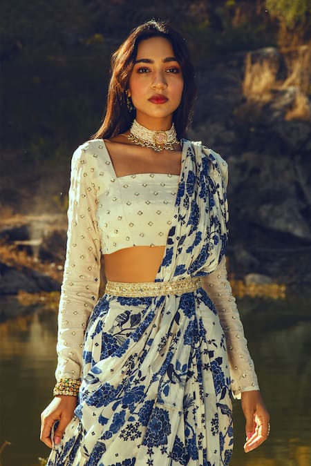 Shop_Paulmi And Harsh_Blue Crepe Square Neck Printed Pre-draped Saree Set _Online_at_Aza_Fashions