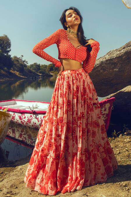 Paulmi and Harsh_White Organza, Net, Georgette V Neck Printed Lehenga Set _Online_at_Aza_Fashions
