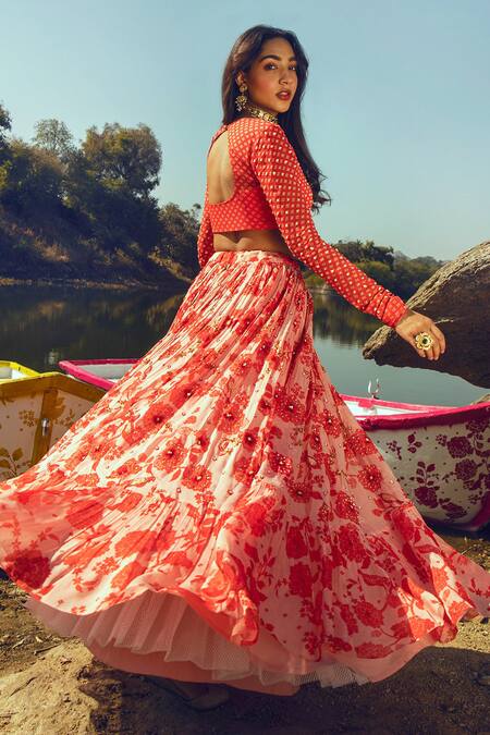 Shop_Paulmi and Harsh_White Organza, Net, Georgette V Neck Printed Lehenga Set _at_Aza_Fashions
