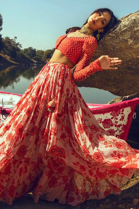 Shop_Paulmi and Harsh_White Organza, Net, Georgette V Neck Printed Lehenga Set _Online_at_Aza_Fashions