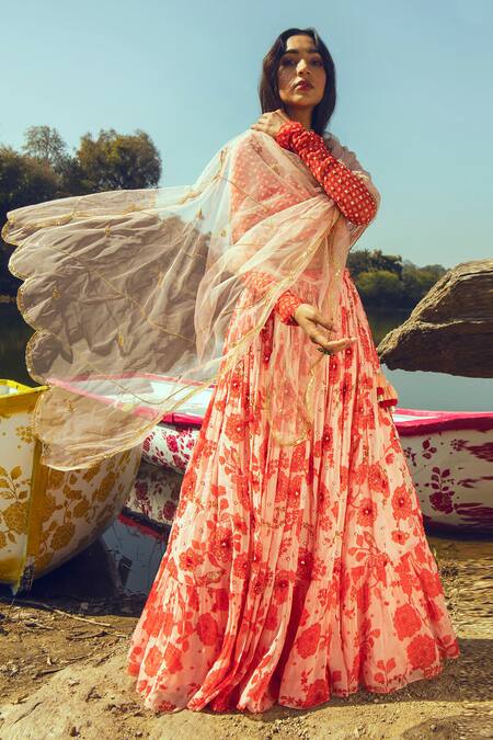 Buy_Paulmi and Harsh_White Organza, Net, Georgette V Neck Printed Lehenga Set _Online_at_Aza_Fashions
