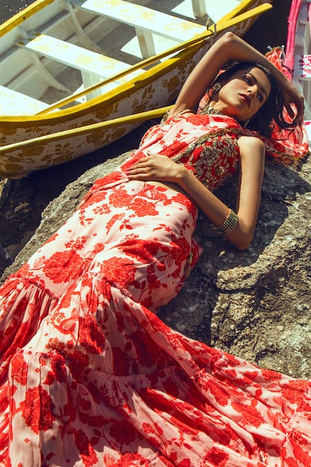 Buy Paulmi And Harsh Pink Georgette, Cotton Silk Bird, Printed Pre-draped Sharara Saree With Blouse Online at Aza Fashions Buy_Paulmi And Harsh_Pink Georgette, Cotton Silk Bird, Printed Pre-draped Sharara Saree With Blouse _Online_at_Aza_Fashions