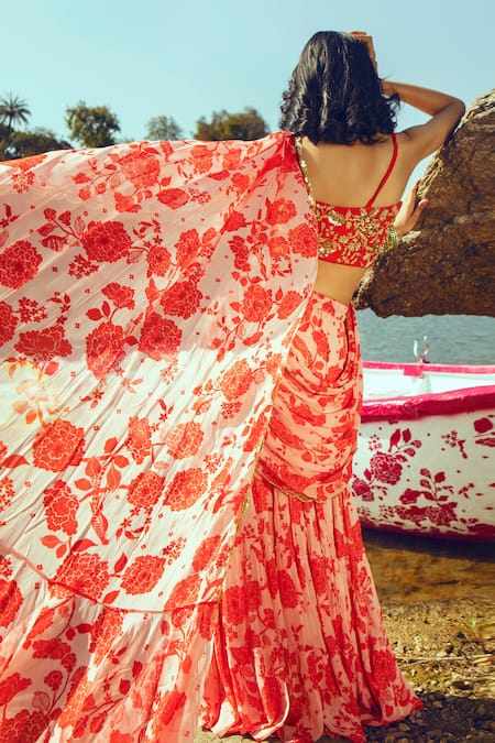 Shop Paulmi And Harsh Pink Georgette, Cotton Silk Bird, Printed Pre-draped Sharara Saree With Blouse Online at Aza Fashions Shop_Paulmi And Harsh_Pink Georgette, Cotton Silk Bird, Printed Pre-draped Sharara Saree With Blouse _Online_at_Aza_Fashions