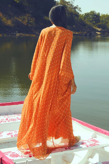 Shop_Paulmi And Harsh_Orange Georgette V Neck Printed Kaftan _at_Aza_Fashions