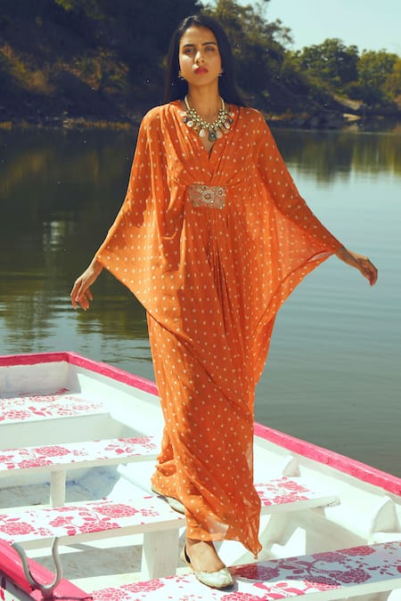 Paulmi And Harsh_Orange Georgette V Neck Printed Kaftan _Online_at_Aza_Fashions