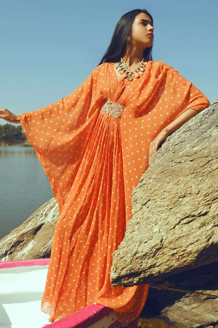 Buy_Paulmi And Harsh_Orange Georgette V Neck Printed Kaftan _Online_at_Aza_Fashions