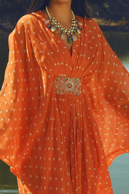Shop_Paulmi And Harsh_Orange Georgette V Neck Printed Kaftan _Online_at_Aza_Fashions