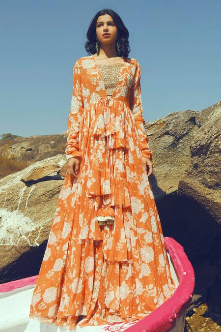 Paulmi And Harsh_Orange Organza, Georgette, Cotton Silk Sweetheart Printed Jacket Lehenga Set_Online_at_Aza_Fashions