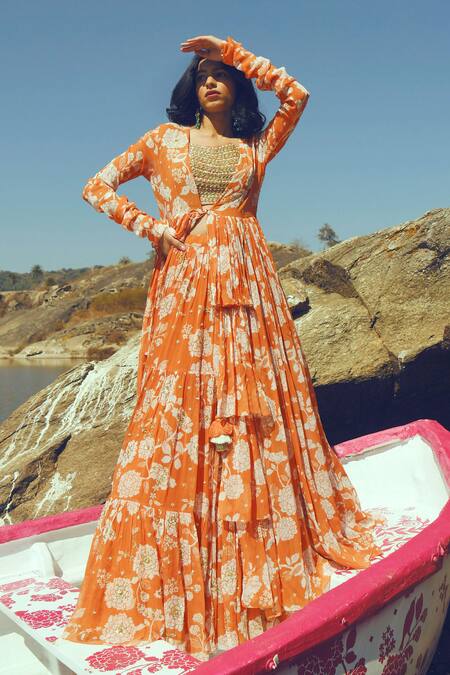 Buy_Paulmi And Harsh_Orange Organza, Georgette, Cotton Silk Sweetheart Printed Jacket Lehenga Set_Online_at_Aza_Fashions