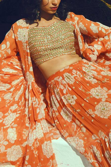 Shop_Paulmi And Harsh_Orange Organza, Georgette, Cotton Silk Sweetheart Printed Jacket Lehenga Set_Online_at_Aza_Fashions