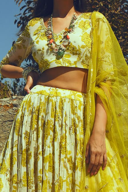 Shop_Paulmi And Harsh_White Organza, Net, Georgette V Neck Printed Lehenga Set _Online_at_Aza_Fashions