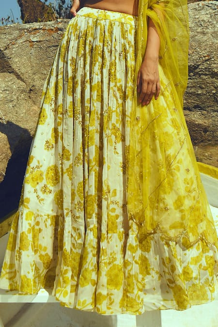 Paulmi And Harsh_White Organza, Net, Georgette V Neck Printed Lehenga Set _at_Aza_Fashions