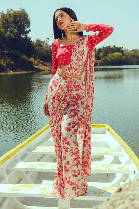 Paulmi And Harsh White Crepe Square Neck Printed Pre-draped Saree Set