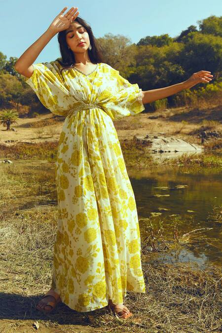 Shop_Paulmi And Harsh_White Georgette V Neck Printed Kaftan_Online_at_Aza_Fashions