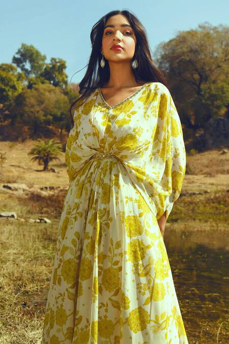 Paulmi And Harsh_White Georgette V Neck Printed Kaftan_at_Aza_Fashions