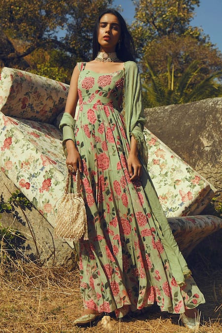 Buy Paulmi And Harsh Green Chiffon, Georgette Sweetheart Neck Printed Anarkali With Dupatta at Aza Fashions Buy_Paulmi And Harsh_Green Chiffon, Georgette Sweetheart Neck Printed Anarkali With Dupatta _at_Aza_Fashions