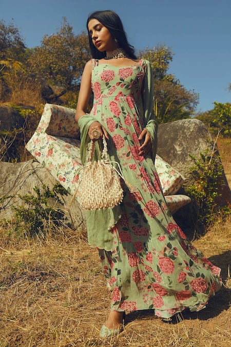 Paulmi And Harsh Green Chiffon, Georgette Sweetheart Neck Printed Anarkali With Dupatta Online at Aza Fashions Paulmi And Harsh_Green Chiffon, Georgette Sweetheart Neck Printed Anarkali With Dupatta _Online_at_Aza_Fashions