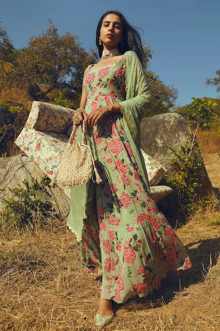 Buy Paulmi And Harsh Green Chiffon, Georgette Sweetheart Neck Printed Anarkali With Dupatta Online at Aza Fashions Buy_Paulmi And Harsh_Green Chiffon, Georgette Sweetheart Neck Printed Anarkali With Dupatta _Online_at_Aza_Fashions