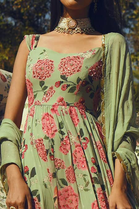 Shop Paulmi And Harsh Green Chiffon, Georgette Sweetheart Neck Printed Anarkali With Dupatta Online at Aza Fashions Shop_Paulmi And Harsh_Green Chiffon, Georgette Sweetheart Neck Printed Anarkali With Dupatta _Online_at_Aza_Fashions