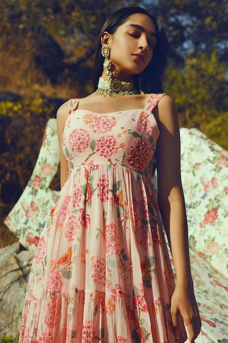 Paulmi And Harsh_Pink Chiffon, Georgette Sweetheart Neck Printed Anarkali With Dupatta _Online_at_Aza_Fashions