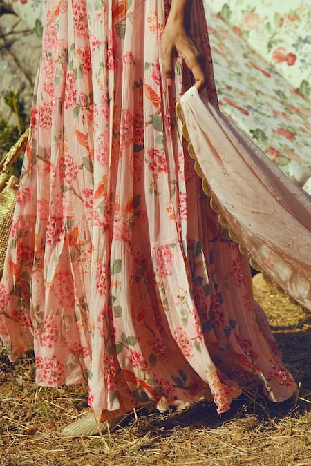 Buy_Paulmi And Harsh_Pink Chiffon, Georgette Sweetheart Neck Printed Anarkali With Dupatta _Online_at_Aza_Fashions
