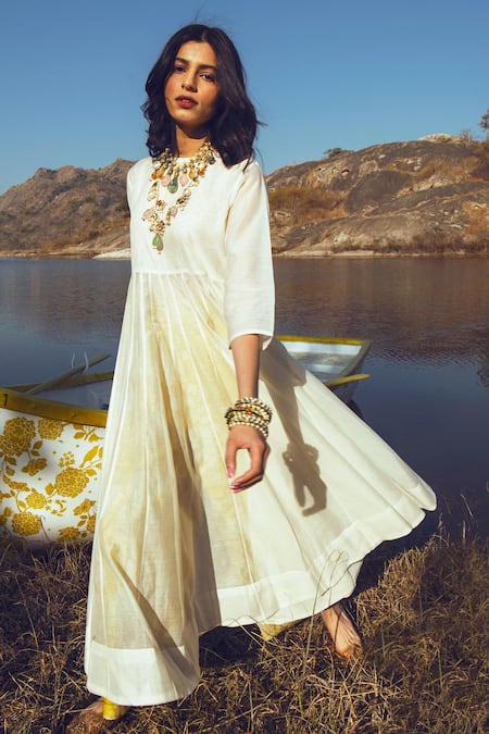 Paulmi And Harsh_White Malai Chanderi Round Anarkali Set _Online_at_Aza_Fashions