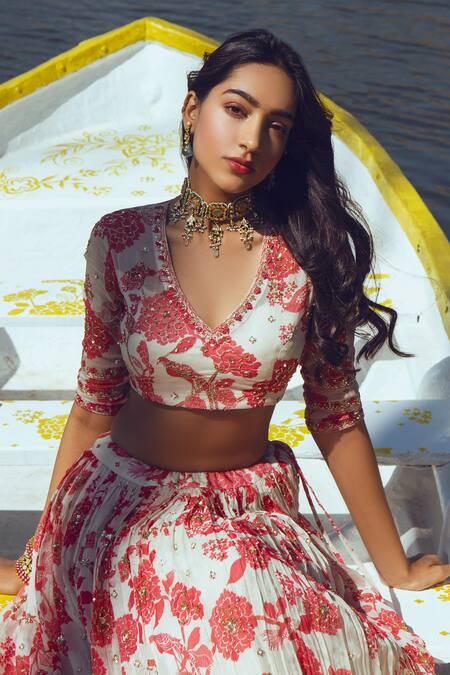 Shop_Paulmi And Harsh_White Blouse Georgette Lehenga Organza Dupatta Net V Neck Printed Set_Online_at_Aza_Fashions