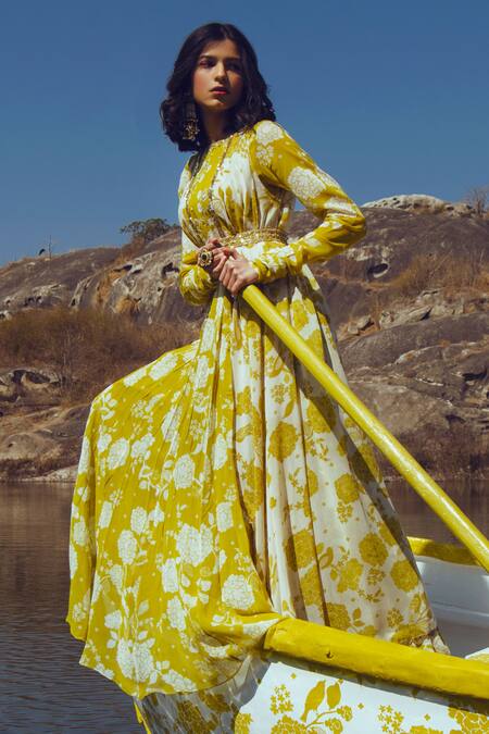 Shop Paulmi And Harsh Yellow Georgette Floral Print Anarkali With Jacket at Aza Fashions Shop_Paulmi And Harsh_Yellow Georgette Floral Print Anarkali With Jacket_at_Aza_Fashions