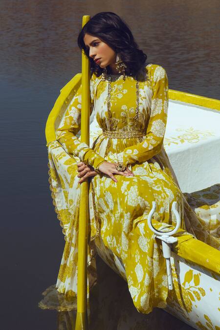 Paulmi And Harsh Yellow Georgette Floral Print Anarkali With Jacket Online at Aza Fashions Paulmi And Harsh_Yellow Georgette Floral Print Anarkali With Jacket_Online_at_Aza_Fashions