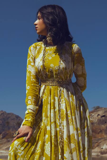 Buy Paulmi And Harsh Yellow Georgette Floral Print Anarkali With Jacket Online at Aza Fashions Buy_Paulmi And Harsh_Yellow Georgette Floral Print Anarkali With Jacket_Online_at_Aza_Fashions