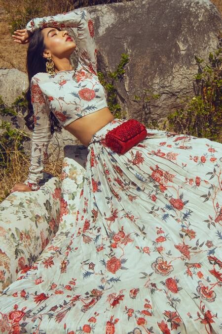 Paulmi And Harsh_White Blouse Georgette Lehenga Organza Dupatta Net Round Printed Set_Online_at_Aza_Fashions
