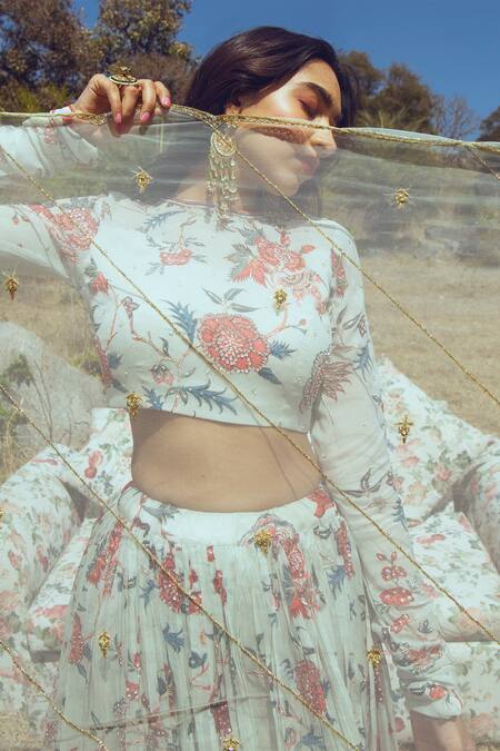 Buy_Paulmi And Harsh_White Blouse Georgette Lehenga Organza Dupatta Net Round Printed Set_Online_at_Aza_Fashions