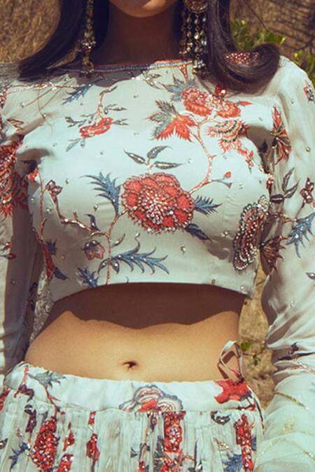 Shop_Paulmi And Harsh_White Blouse Georgette Lehenga Organza Dupatta Net Round Printed Set_Online_at_Aza_Fashions