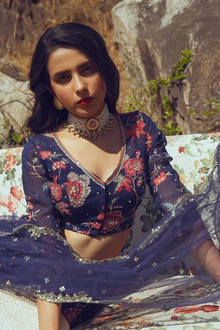 Paulmi And Harsh_Blue Blouse Georgette Lehenga Organza Dupatta Net V Neck Printed Set_Online_at_Aza_Fashions