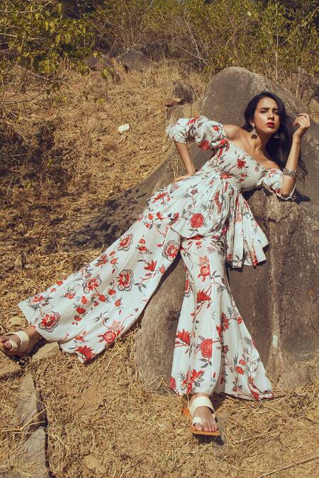 Paulmi And Harsh_White Cotton Silk Off Shoulder Peplum Tunic And Pant Set_Online_at_Aza_Fashions