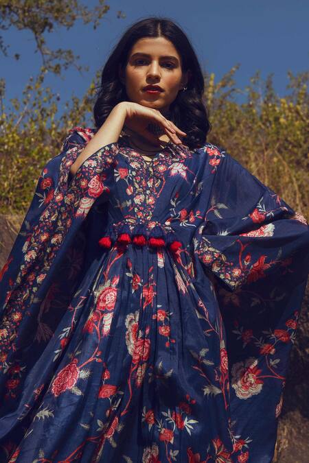 Shop Paulmi And Harsh Blue Cotton Silk V Neck Floral Print Kaftan at Aza Fashions Shop_Paulmi And Harsh_Blue Cotton Silk V Neck Floral Print Kaftan _at_Aza_Fashions