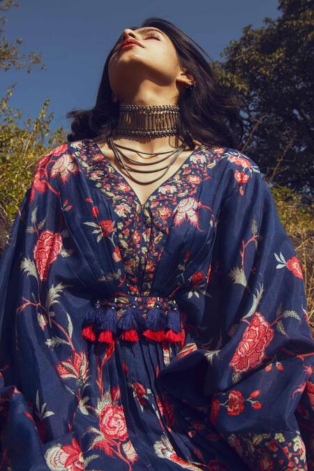 Paulmi And Harsh Blue Cotton Silk V Neck Floral Print Kaftan Online at Aza Fashions Paulmi And Harsh_Blue Cotton Silk V Neck Floral Print Kaftan _Online_at_Aza_Fashions