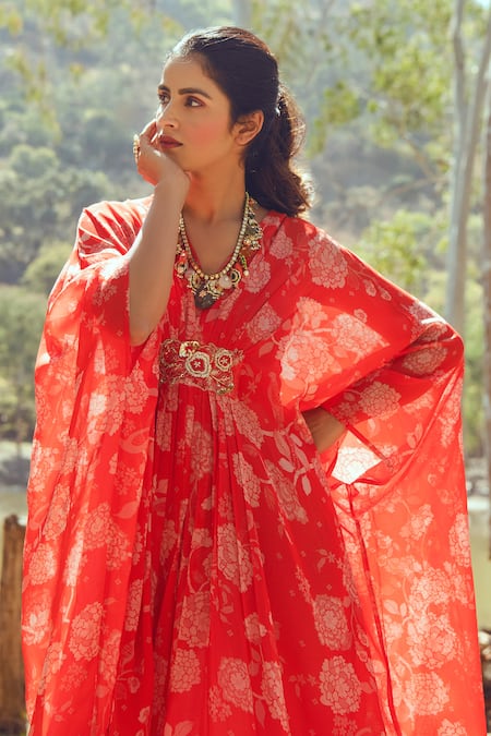 Paulmi And Harsh_Red Georgette V Neck Floral Print Kaftan _Online_at_Aza_Fashions