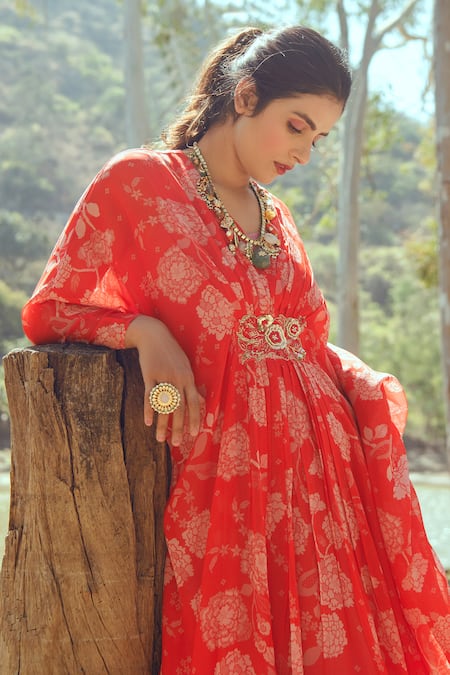 Buy_Paulmi And Harsh_Red Georgette V Neck Floral Print Kaftan _Online_at_Aza_Fashions