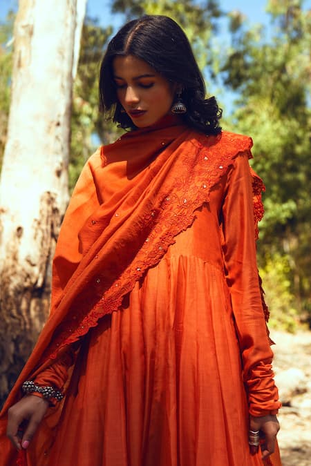 Buy_Paulmi And Harsh_Orange Anarkali And Pant Mul Cotton Dupatta Chanderi Round Set_Online_at_Aza_Fashions