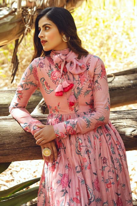 Paulmi And Harsh_Pink Anarkali Malai Chanderi Scarf Georgette Round Printed With _Online_at_Aza_Fashions