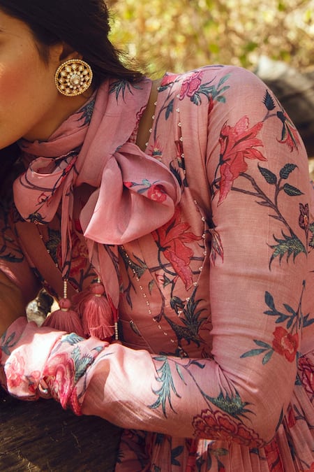 Buy_Paulmi And Harsh_Pink Anarkali Malai Chanderi Scarf Georgette Round Printed With _Online_at_Aza_Fashions