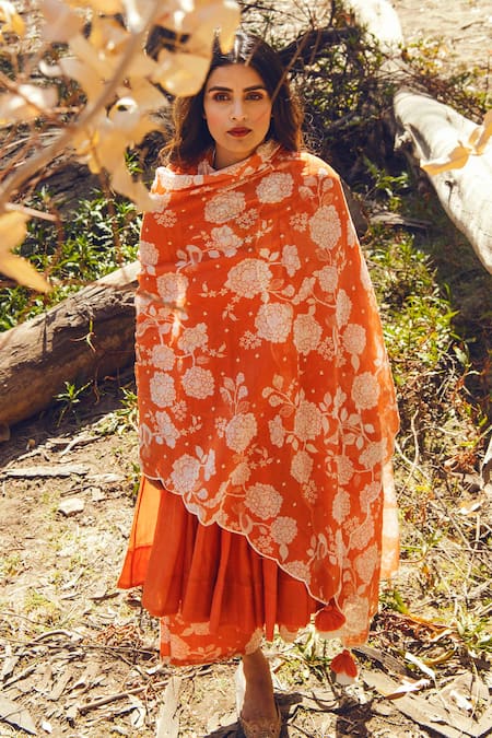 Paulmi And Harsh Orange Anarkali And Pant Mul Cotton Dupatta Chanderi Round Set at Aza Fashions Paulmi And Harsh_Orange Anarkali And Pant Mul Cotton Dupatta Chanderi Round Set _at_Aza_Fashions