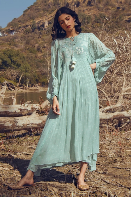Paulmi And Harsh Blue Georgette Round Printed Dress 